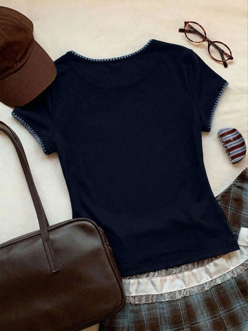 Women's Contrast Trim Round Neck Short Sleeve Casual Versatile T-Shirt