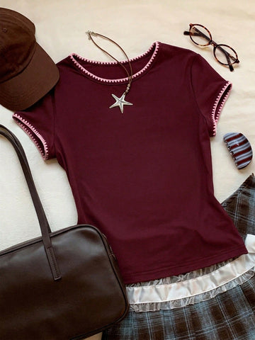 Women's Contrast Trim Round Neck Short Sleeve Casual Versatile T-Shirt