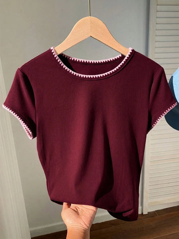 Women's Contrast Trim Round Neck Short Sleeve Casual Versatile T-Shirt