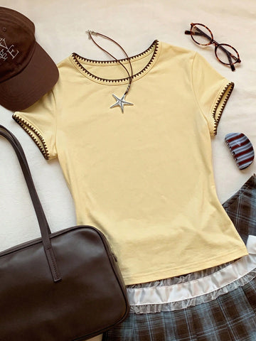 Women's Contrast Trim Round Neck Short Sleeve Casual Versatile T-Shirt
