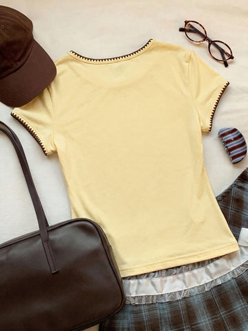 Women's Contrast Trim Round Neck Short Sleeve Casual Versatile T-Shirt