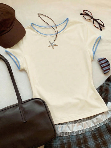 Women's Contrast Trim Round Neck Short Sleeve Casual Versatile T-Shirt
