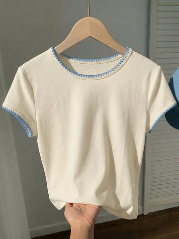 Women's Contrast Trim Round Neck Short Sleeve Casual Versatile T-Shirt