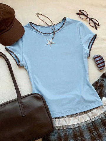 Women's Contrast Trim Round Neck Short Sleeve Casual Versatile T-Shirt
