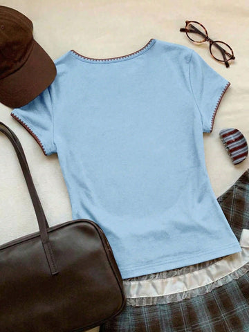 Women's Contrast Trim Round Neck Short Sleeve Casual Versatile T-Shirt