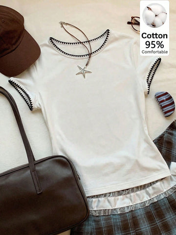 Women's Contrast Trim Round Neck Short Sleeve Casual Versatile T-Shirt