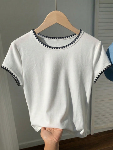 Women's Contrast Trim Round Neck Short Sleeve Casual Versatile T-Shirt