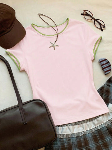Women's Contrast Trim Round Neck Short Sleeve Casual Versatile T-Shirt
