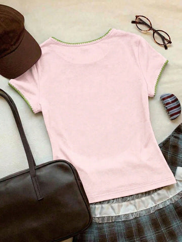 Women's Contrast Trim Round Neck Short Sleeve Casual Versatile T-Shirt