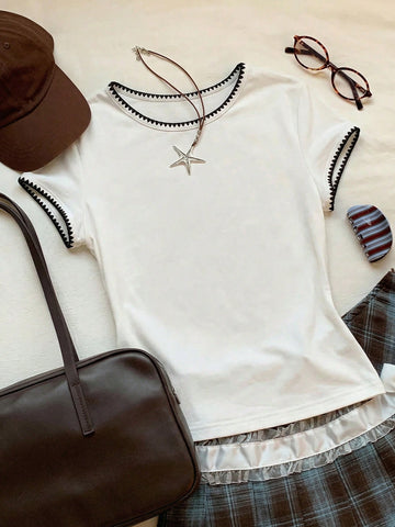 Women's Contrast Trim Round Neck Short Sleeve Casual Versatile T-Shirt