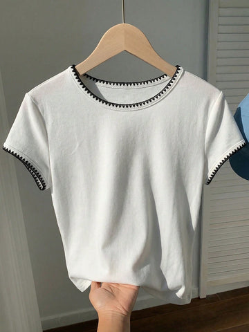 Women's Contrast Trim Round Neck Short Sleeve Casual Versatile T-Shirt