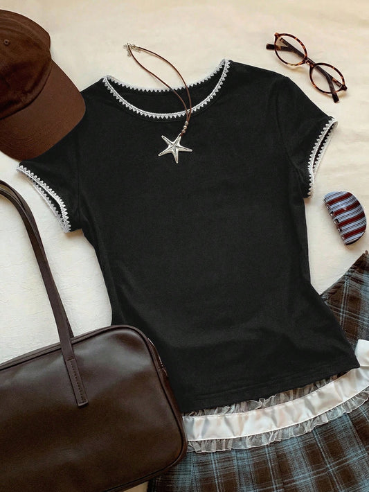 Women's Contrast Trim Round Neck Short Sleeve Casual Versatile T-Shirt