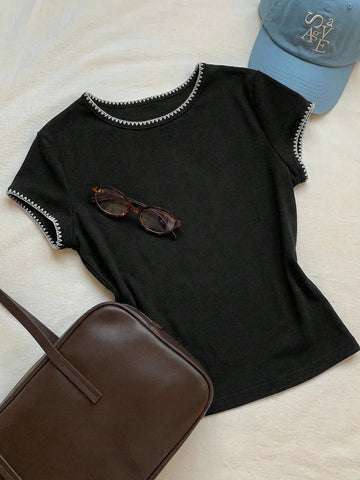 Women's Contrast Trim Round Neck Short Sleeve Casual Versatile T-Shirt