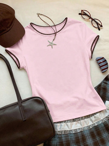 Women's Contrast Trim Round Neck Short Sleeve Casual Versatile T-Shirt