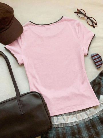 Women's Contrast Trim Round Neck Short Sleeve Casual Versatile T-Shirt