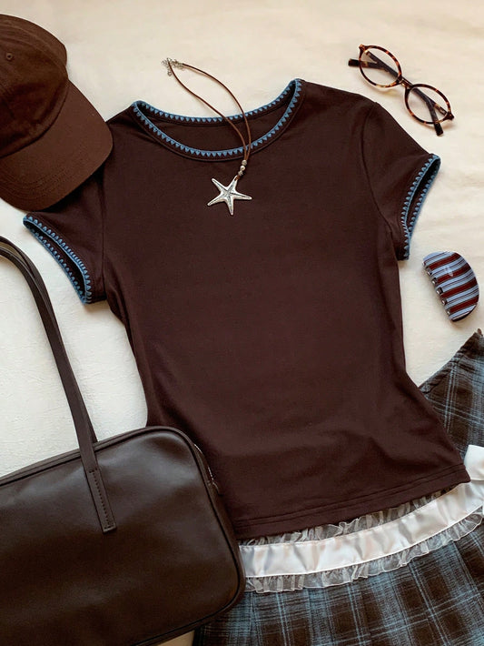 Women's Contrast Trim Round Neck Short Sleeve Casual Versatile T-Shirt