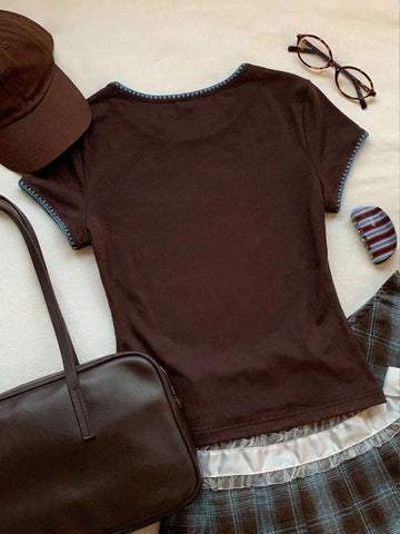 Women's Contrast Trim Round Neck Short Sleeve Casual Versatile T-Shirt
