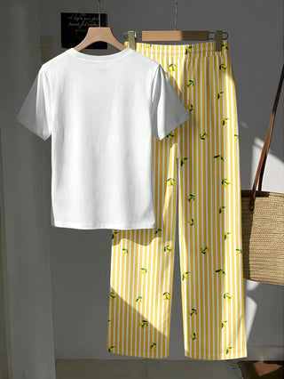 Short Sleeve Top And Striped Print Pants