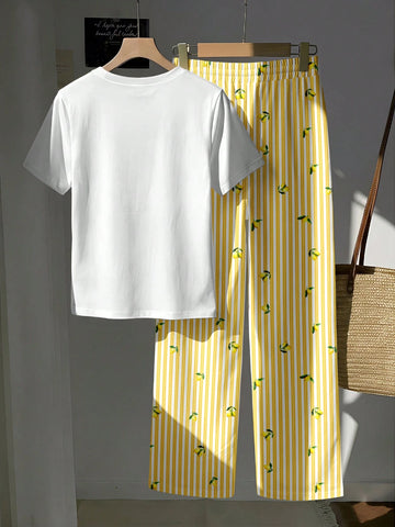 Short Sleeve Top And Striped Print Pants