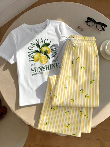 Short Sleeve Top And Striped Print Pants