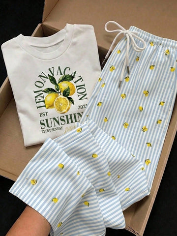 Short Sleeve Top And Striped Print Pants