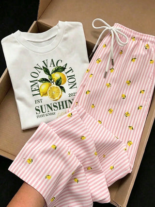 Short Sleeve Top And Striped Print Pants