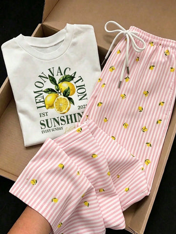 Short Sleeve Top And Striped Print Pants