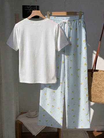 Short Sleeve Top And Striped Print Pants