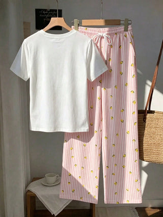 Short Sleeve Top And Striped Print Pants