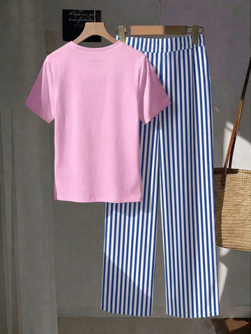 Short Sleeve Top And Striped Print Pants