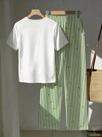 Short Sleeve Top And Striped Print Pants