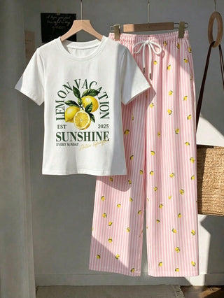 Short Sleeve Top And Striped Print Pants