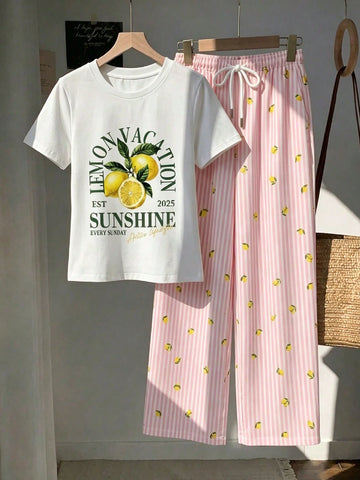 Short Sleeve Top And Striped Print Pants