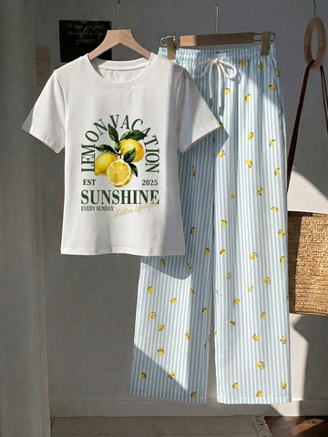 Short Sleeve Top And Striped Print Pants