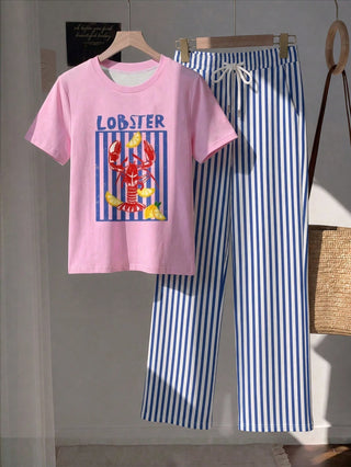Short Sleeve Top And Striped Print Pants