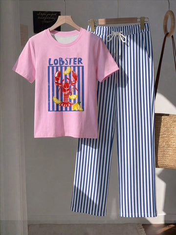 Short Sleeve Top And Striped Print Pants