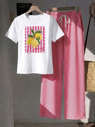 Short Sleeve Top And Striped Print Pants