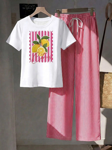 Short Sleeve Top And Striped Print Pants