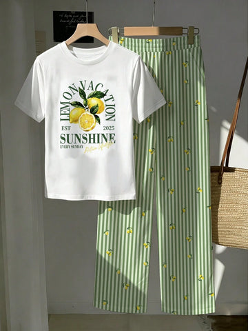 Short Sleeve Top And Striped Print Pants