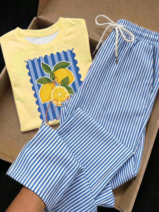 Short Sleeve Top And Striped Print Pants