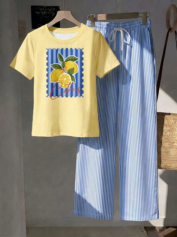 Short Sleeve Top And Striped Print Pants