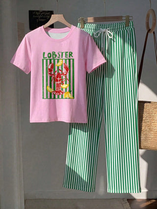 Short Sleeve Top And Striped Print Pants