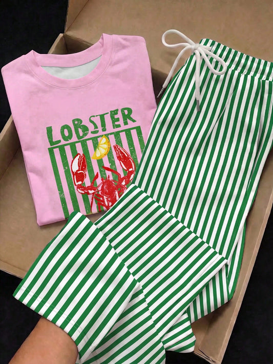 Short Sleeve Top And Striped Print Pants