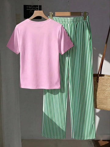 Short Sleeve Top And Striped Print Pants