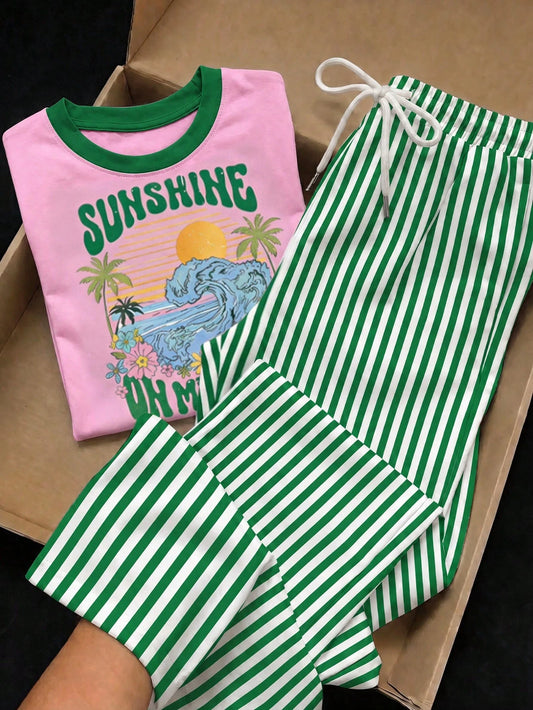 Short Sleeve Top And Striped Print Pants