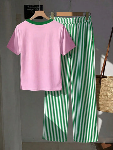 Short Sleeve Top And Striped Print Pants