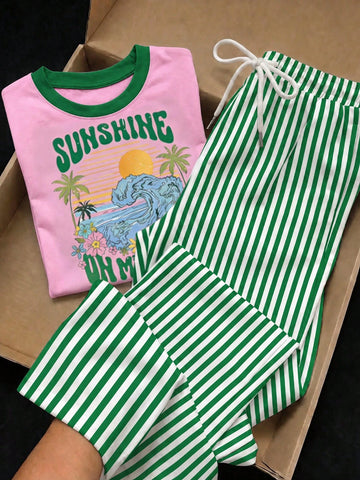 Short Sleeve Top And Striped Print Pants