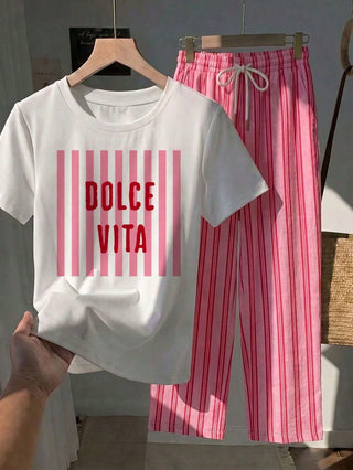 Short Sleeve Top And Striped Print Pants