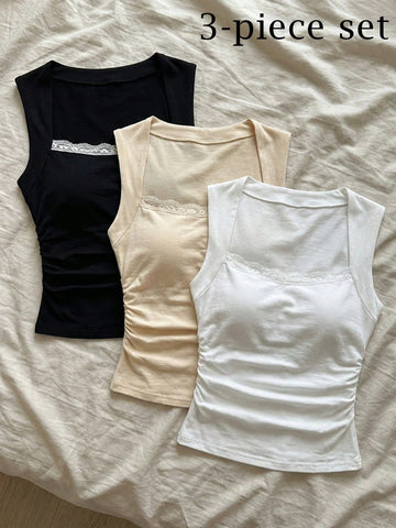 EZwear 3pcs/Pack Padded Square Neck Bra-Free Slim-Fit Women's Tank Top