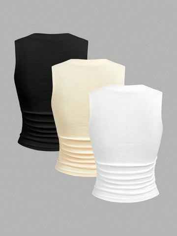 EZwear 3pcs/Pack Padded Square Neck Bra-Free Slim-Fit Women's Tank Top